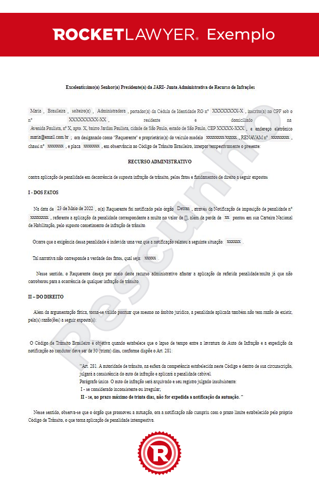 Recurso Administrativo contra penalidade de multa de trânsito