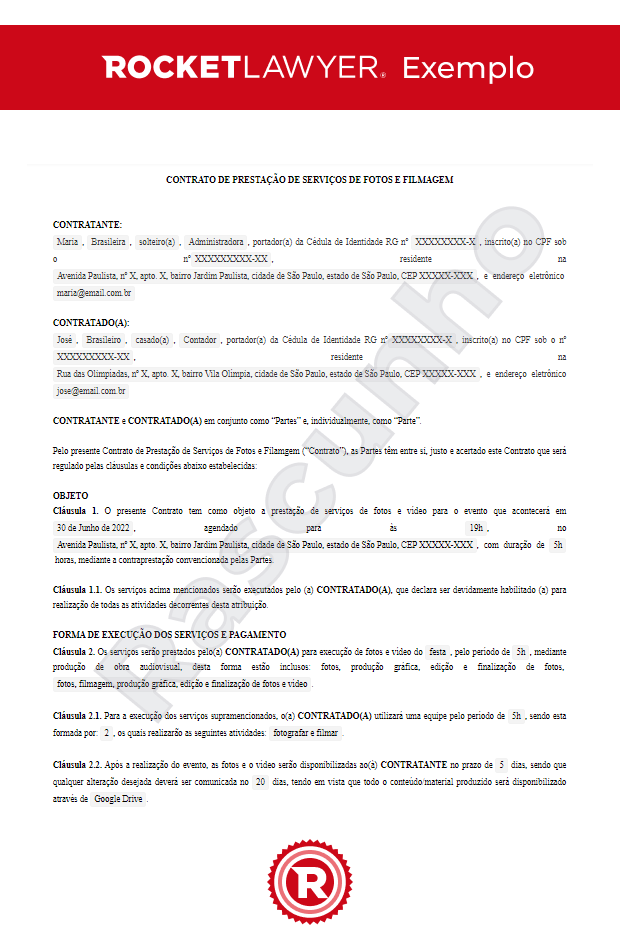 Contrato de Prestação de Serviços de Fotos e Filmagem