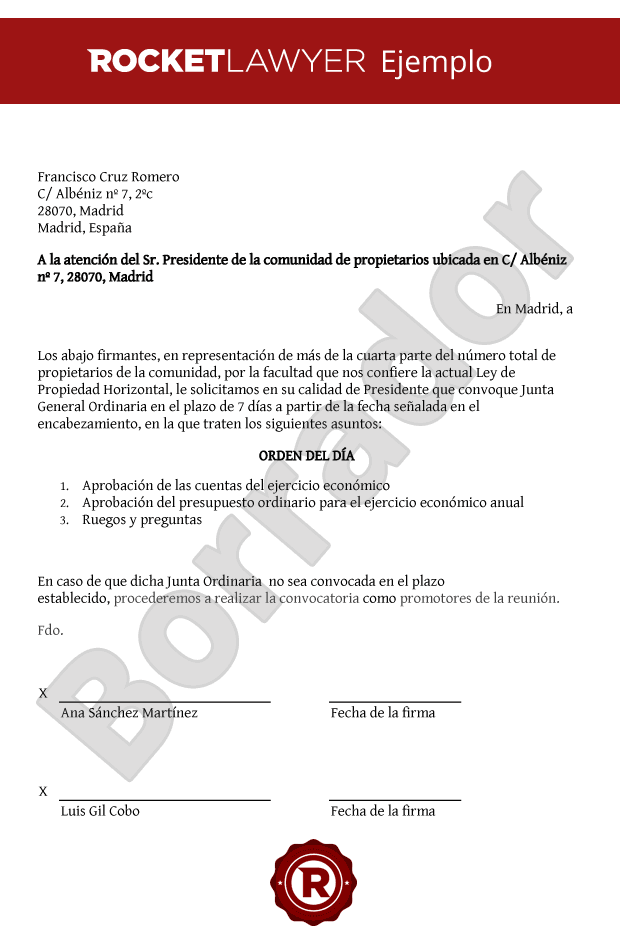 Escrito de los propietarios solicitando junta al presidente