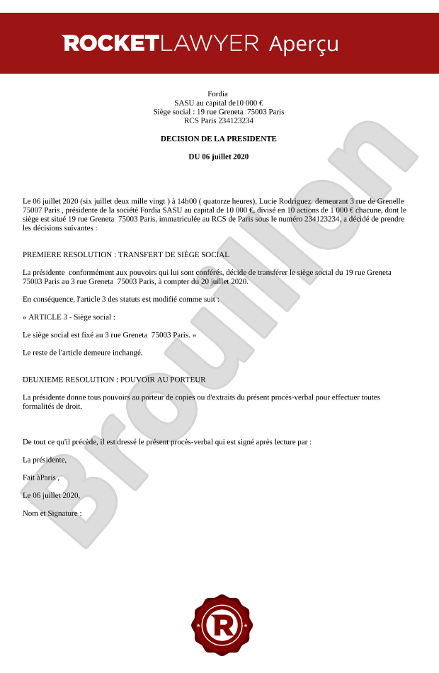 PV transfert de siège social d'une SASU