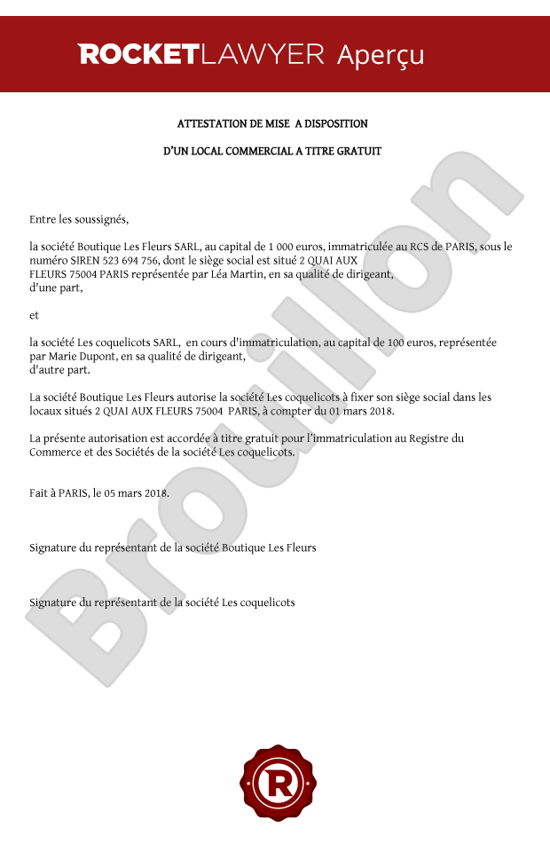 Attestation de mise à disposition d'un local commercial