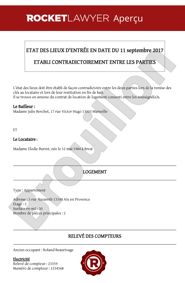 Etat des lieux d'entrée