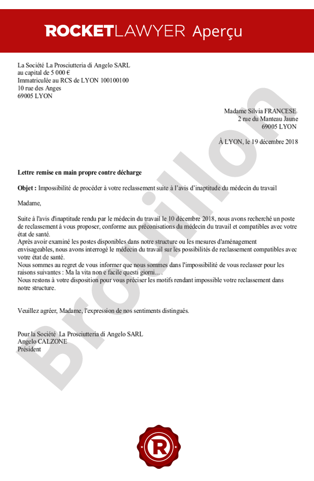 Lettre informant le salarié inapte de l’impossibilité de reclassement