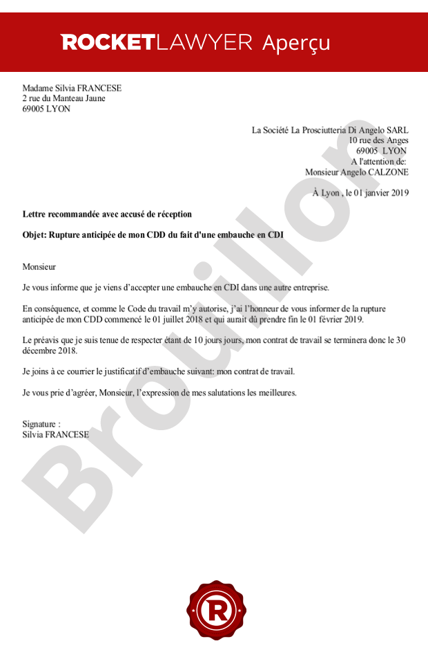 Lettre de rupture anticipée du CDD en cas d’embauche en CDI