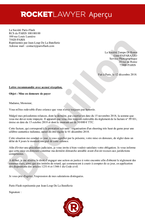 Mise en demeure de payer (professionnels)