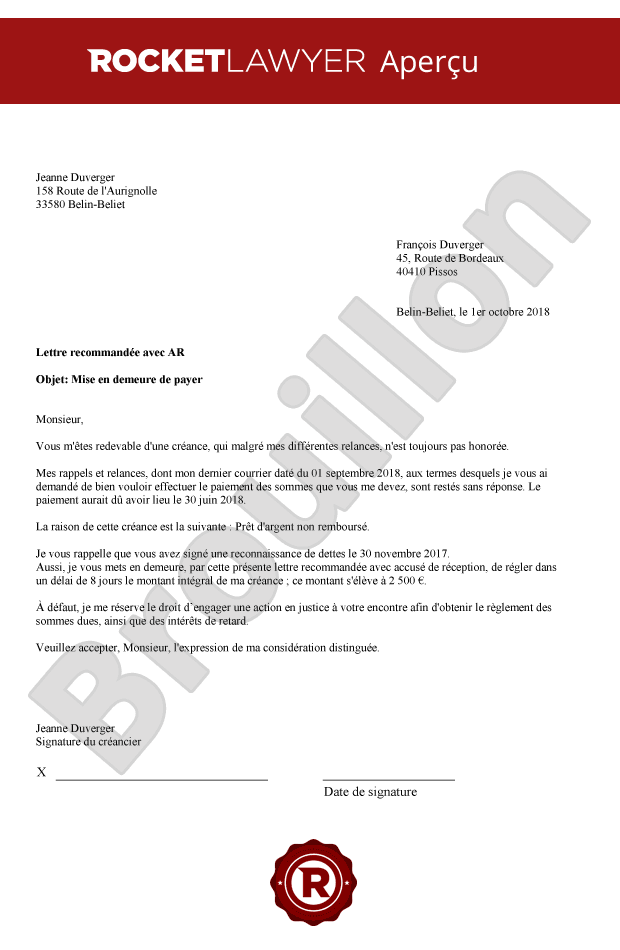 Mise en demeure de payer (particuliers)
