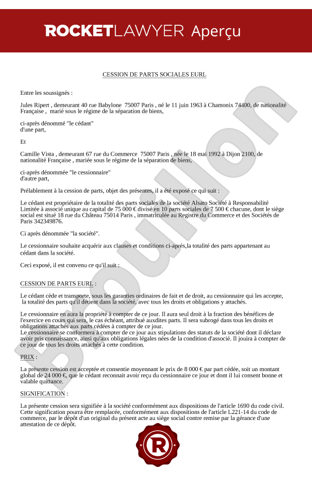 Cession de parts sociales EURL