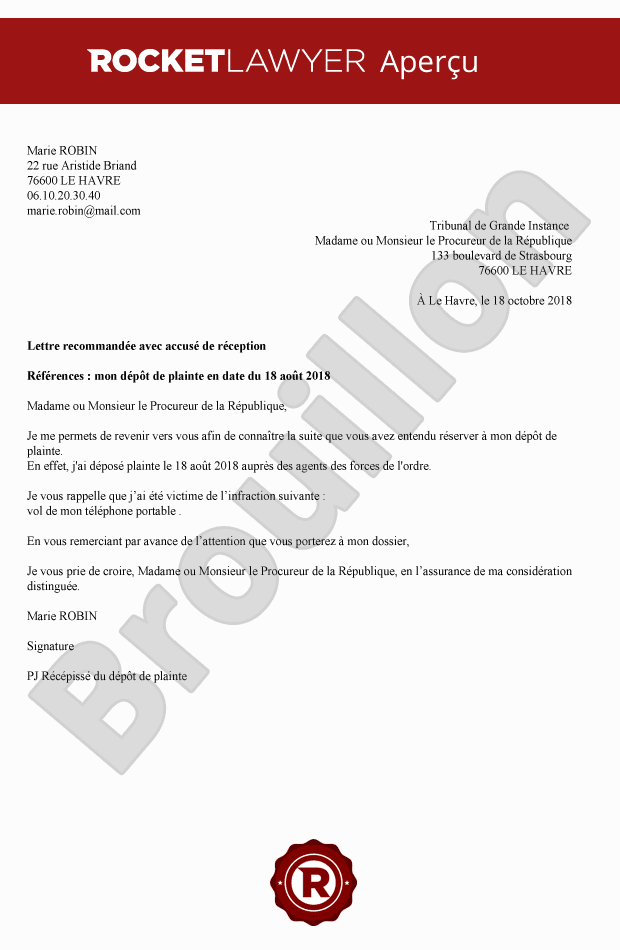 Lettre de relance au Parquet