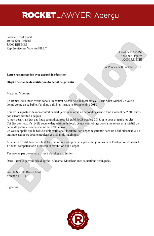 Demande de restitution du dépôt de garantie (Bail commercial)