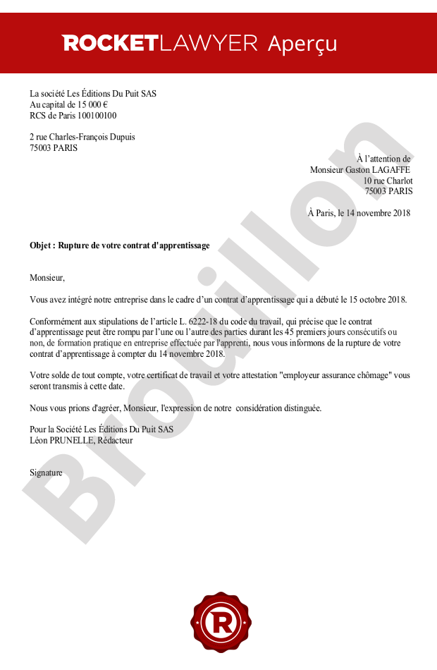 Rupture d'un contrat d'apprentissage pendant la période d'essai