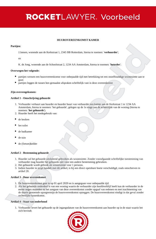 Huurcontract kamer (kamerverhuur)