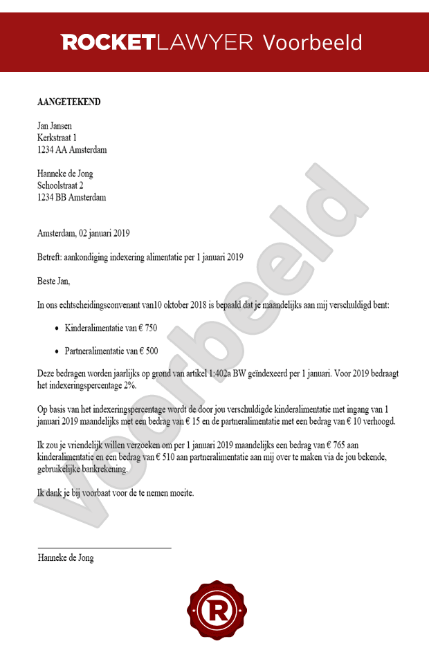 Brief achterstand / indexering alimentatie