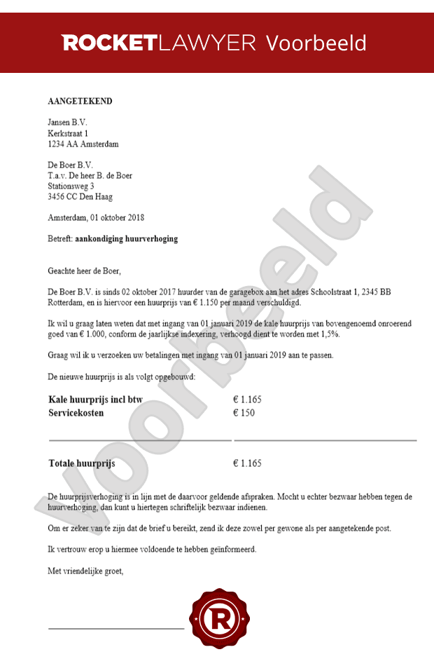Brief huurverhoging