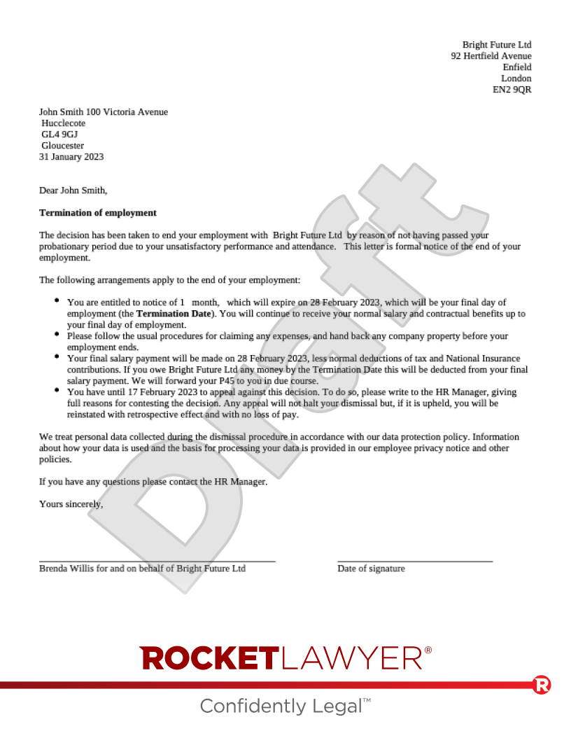 Dismissal Letter for Employees Without Unfair Dismissal Rights document preview
