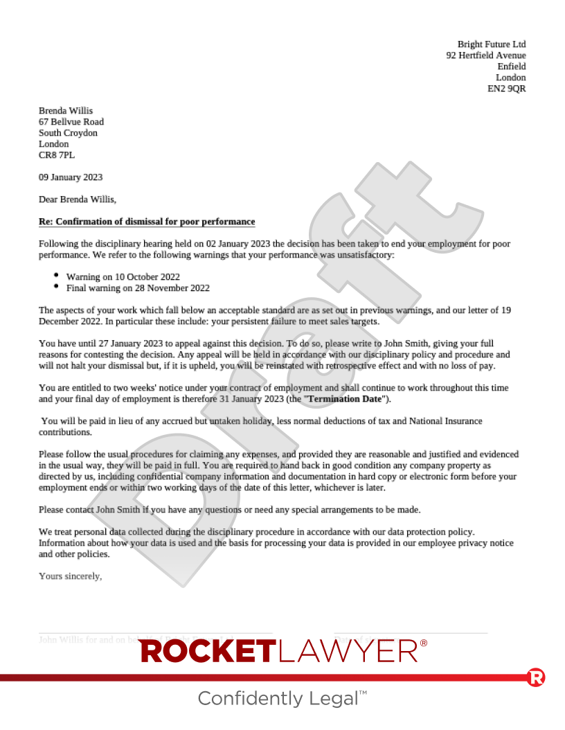 Dismissal Letter for Poor Performance document preview