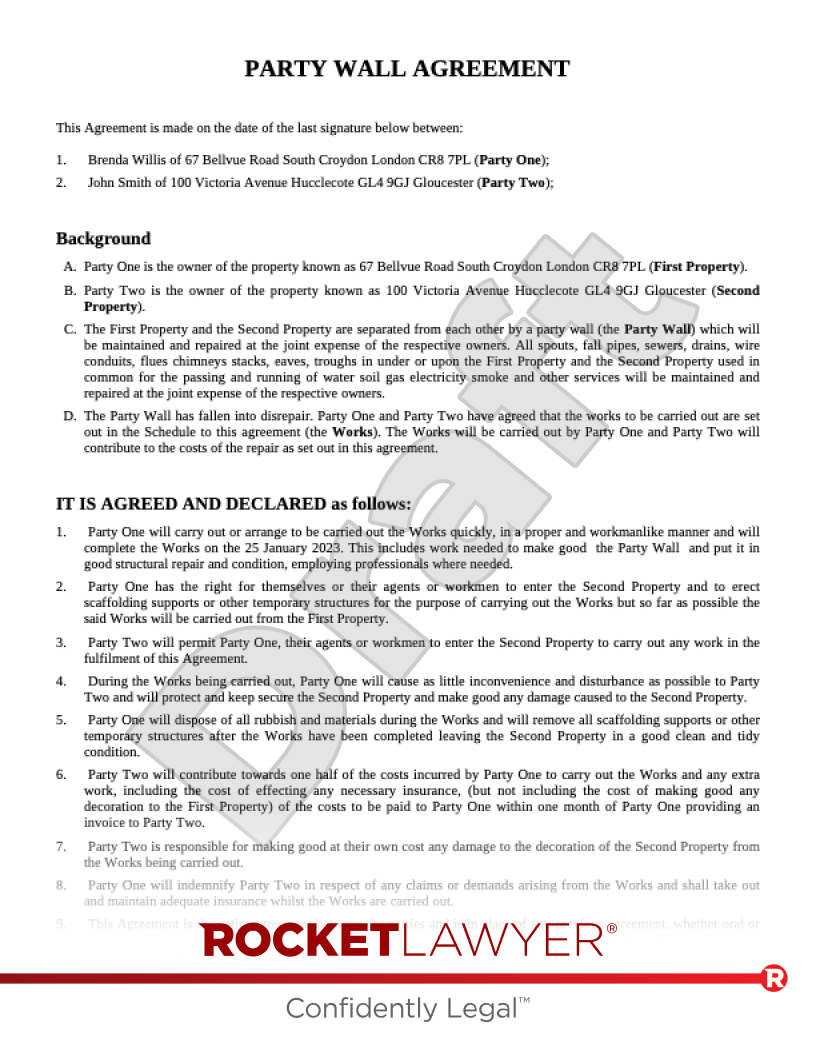 Party Wall Agreement For Repairs document preview