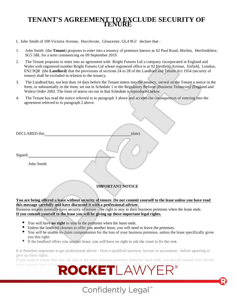 Tenant’s Agreement to Exclude Security of Tenure document preview