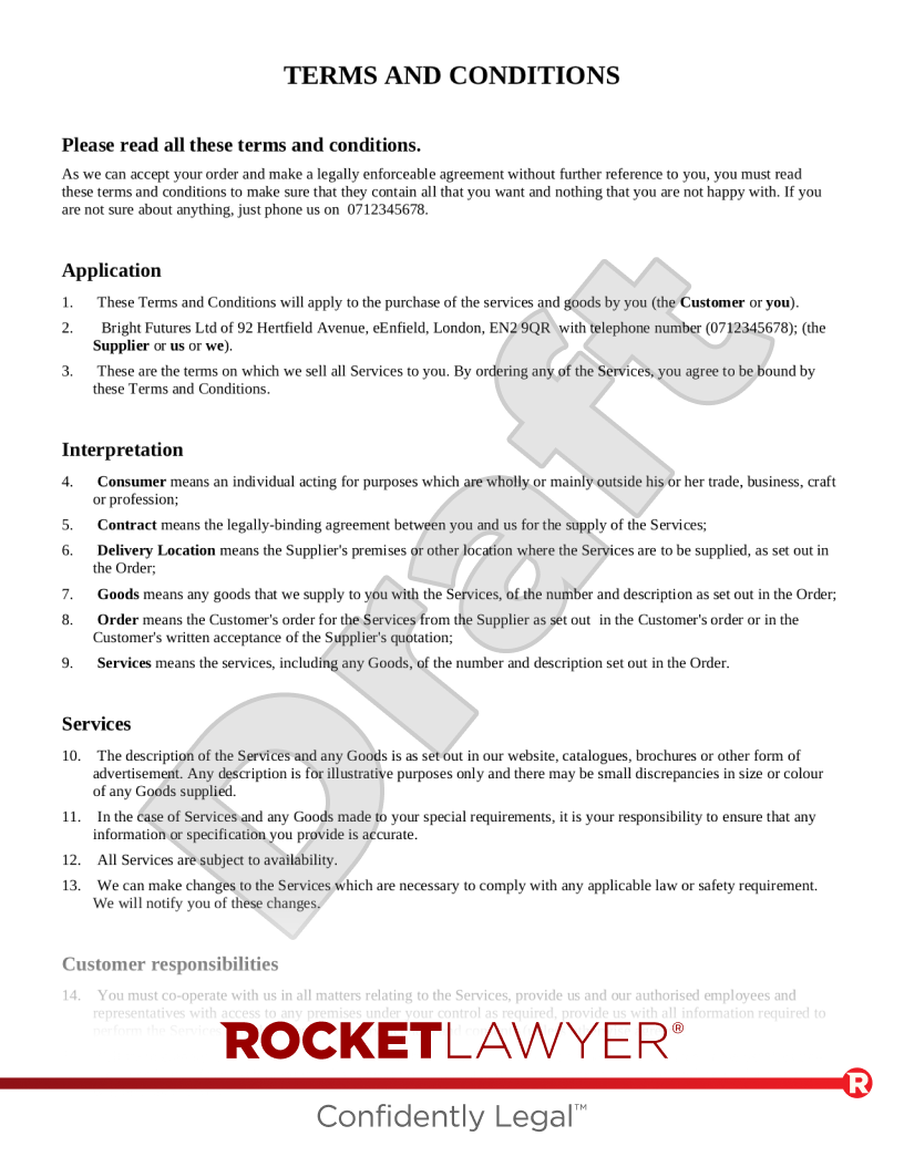 Terms and Conditions for Supply of Services to Consumers document preview